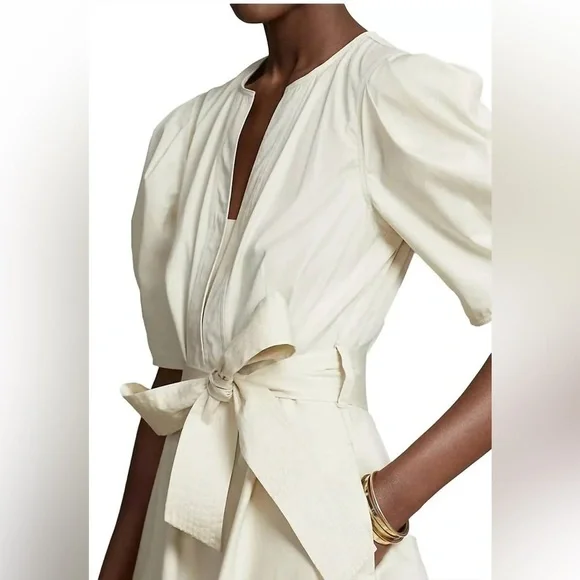 Polo Ralph Lauren Puff Sleeve Belted Midi Dress Fit Flare Cotton Poplin Beige 4 - Picture 5 of 10